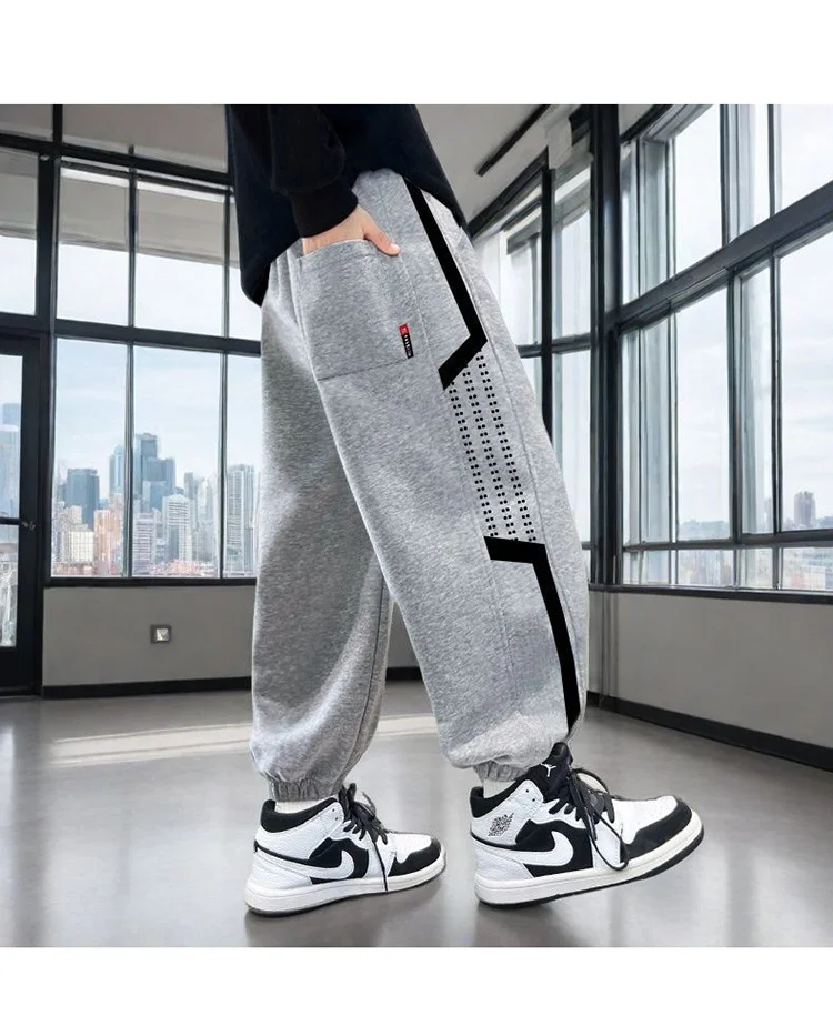 Hochwertige Jungen-Sporthosen, koreanische Kinderhosen mit Seitenstreifen, grau-schwarze lässige Baumwoll-Teenager-Jogginghosen, Kinderkleidung 5-14 Jahre – Detail 14