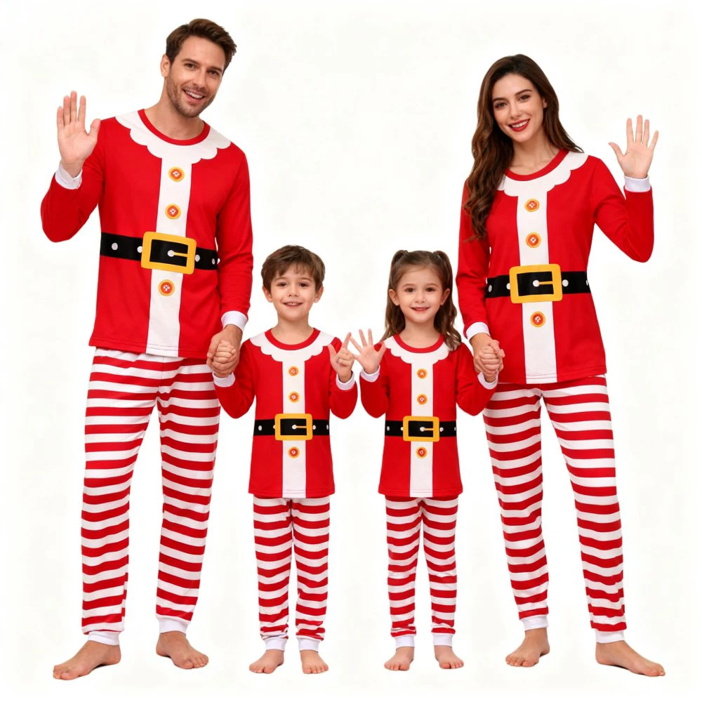 Family Christmas Pajamas Set Santa Claus Costumes Long Sleeve Sleepwear for Family Festive Xmas Pjs with Striped Pants & Santa