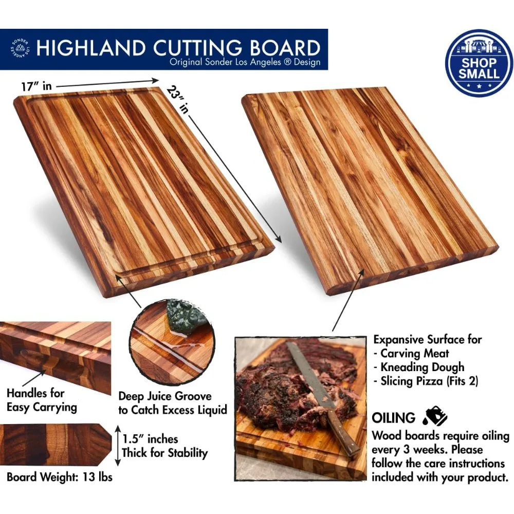 Large Thick Edge Grain Teak Wood Cutting Board with Juice Groove for Kitchen, 23x17x1.5 Inches Charcuterie Board