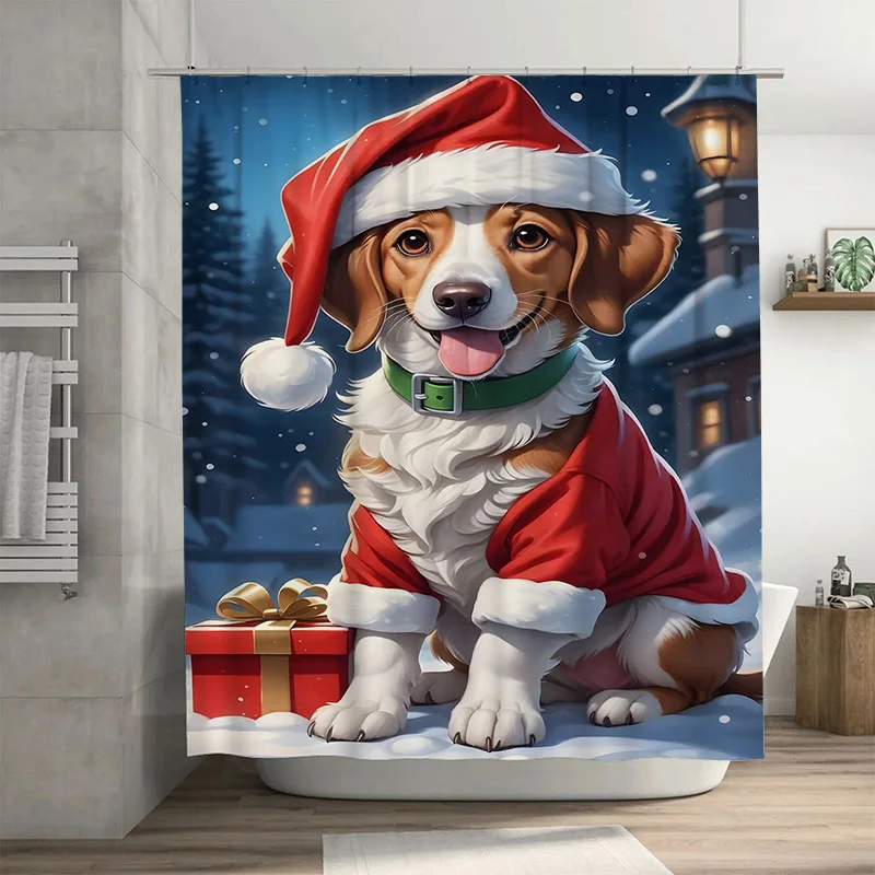 

Tuniu Adorable Beagle Santa Claus Christmas Bathroom Shower Curtain Festive Holiday Decor Funny Pet Portrait Waterproof Fabric