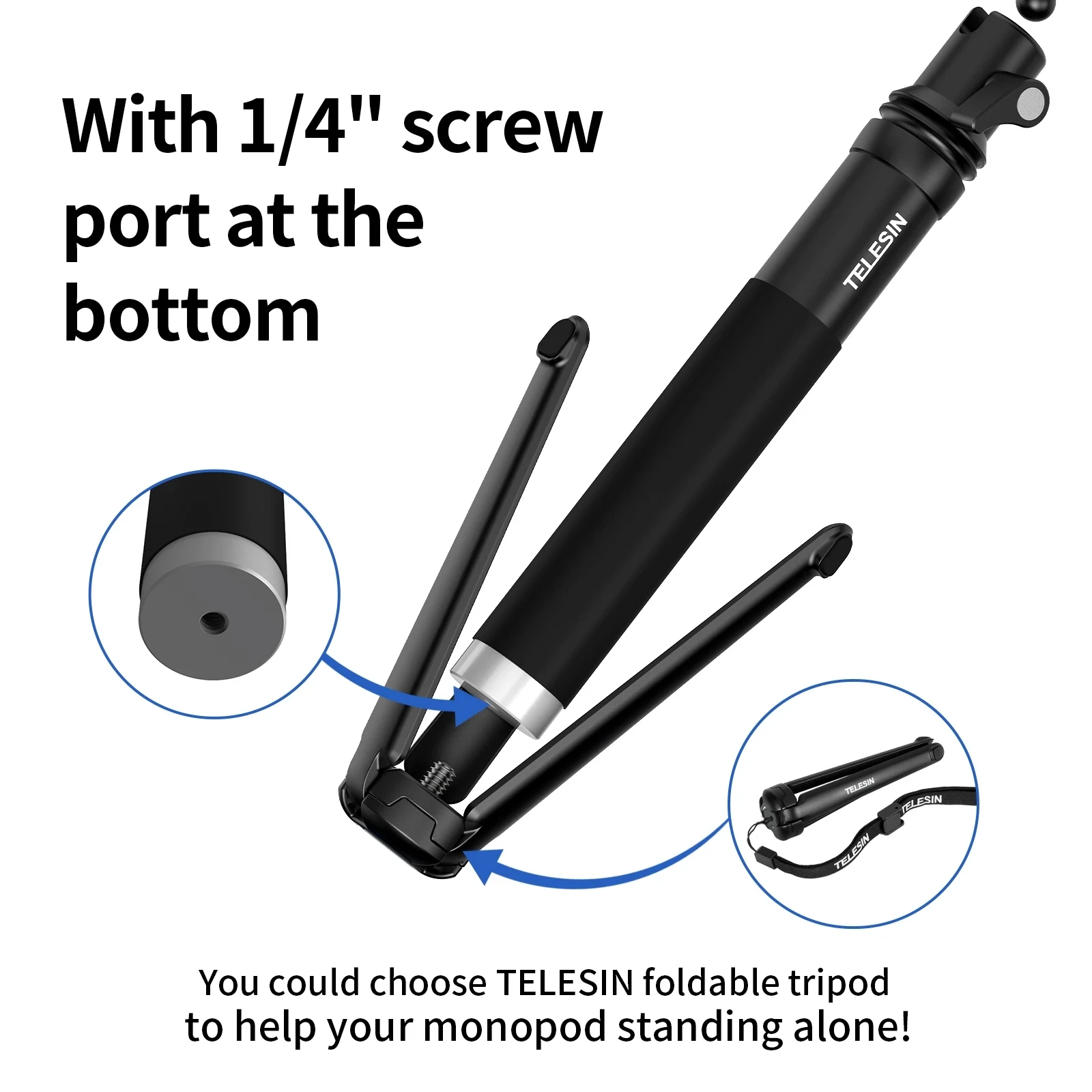 TELESIN Selfie Stick Foldable Tripod Phone Holder Aluminum Alloy Monopod for GoPro 13 12 11 DJI Action 4 5 Insta360 iPhone 16 15