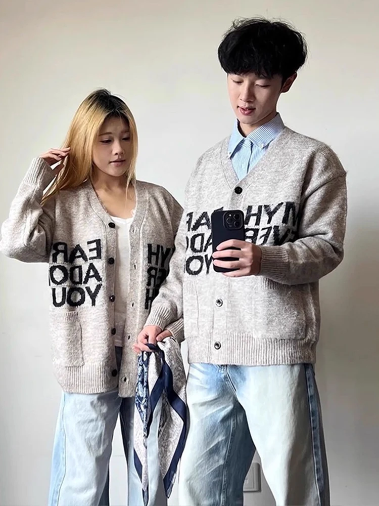 

Retro American Open Cardigan Sweater Men's Autumn Trendy Letter Embroidery Loose Knitted Casual Versatile Top