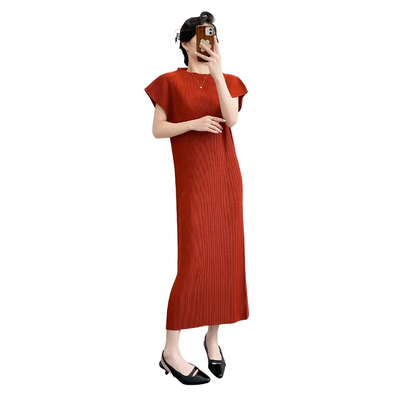 Miyake Pleated Shirt 2025 Early Autumn New Chinese Style Solid Color Cheongsam Style Dress Long Sleeved Jacket Two-piece Set