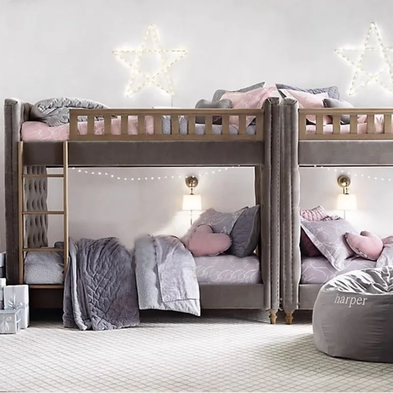 Fabric children's upper and lower bunk beds Light luxury solid wood high and low beds Mother and child beds American princess bo