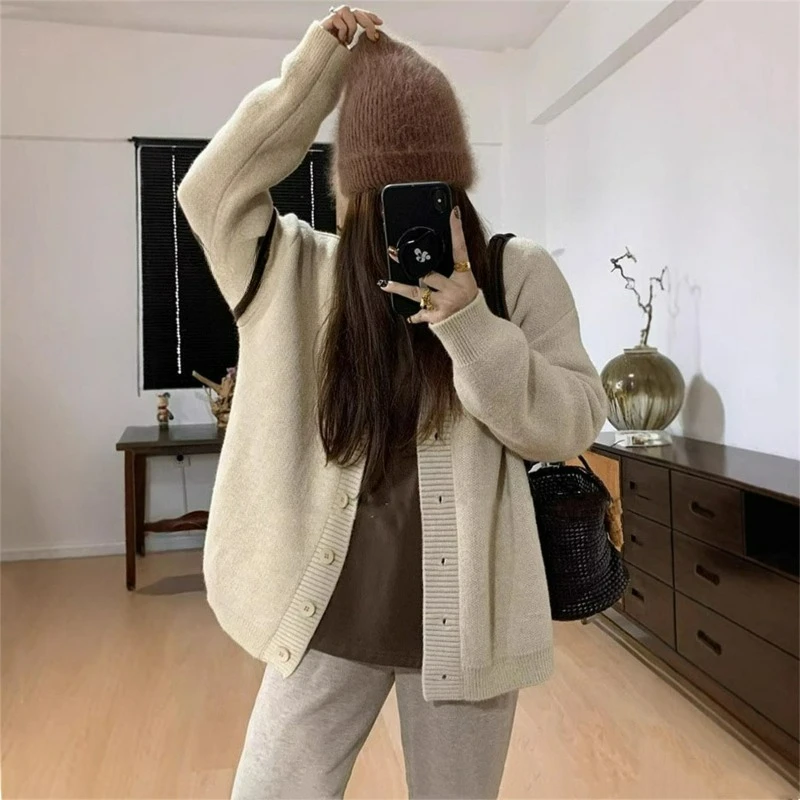 New Loose Versatile Cardigan for Women Autumn Winter Japanese Style of Youthful School with Color-blocked Striped V-neck Sweater