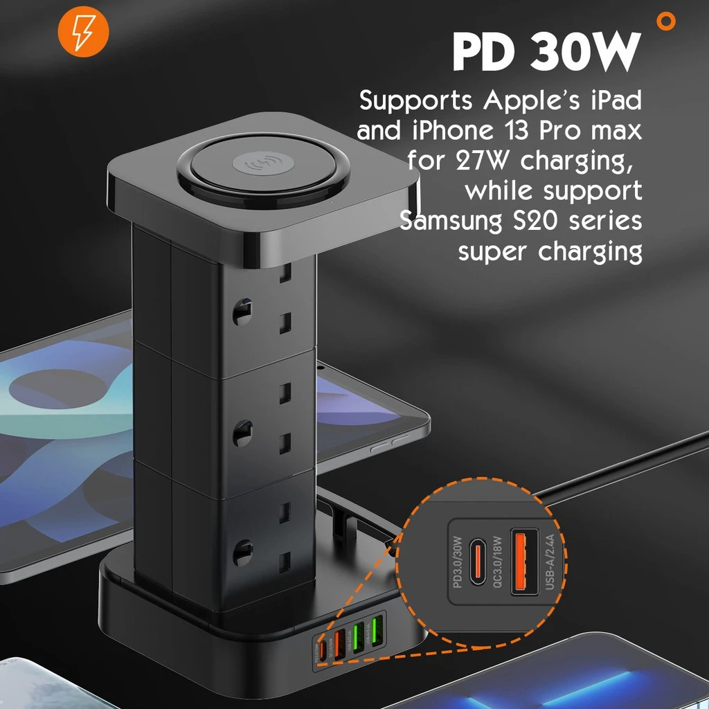 UK Power Strip Extension Socket Tower with USB C PD30W & QC3.0 Wirless Charger Trailing Socket Surge Protector Singapore Plug