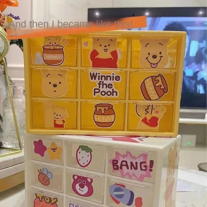 Disney Winnie the Pooh cute girl large capacity convenient storage hairpin ring nine-square grid sticker jewelry storage box