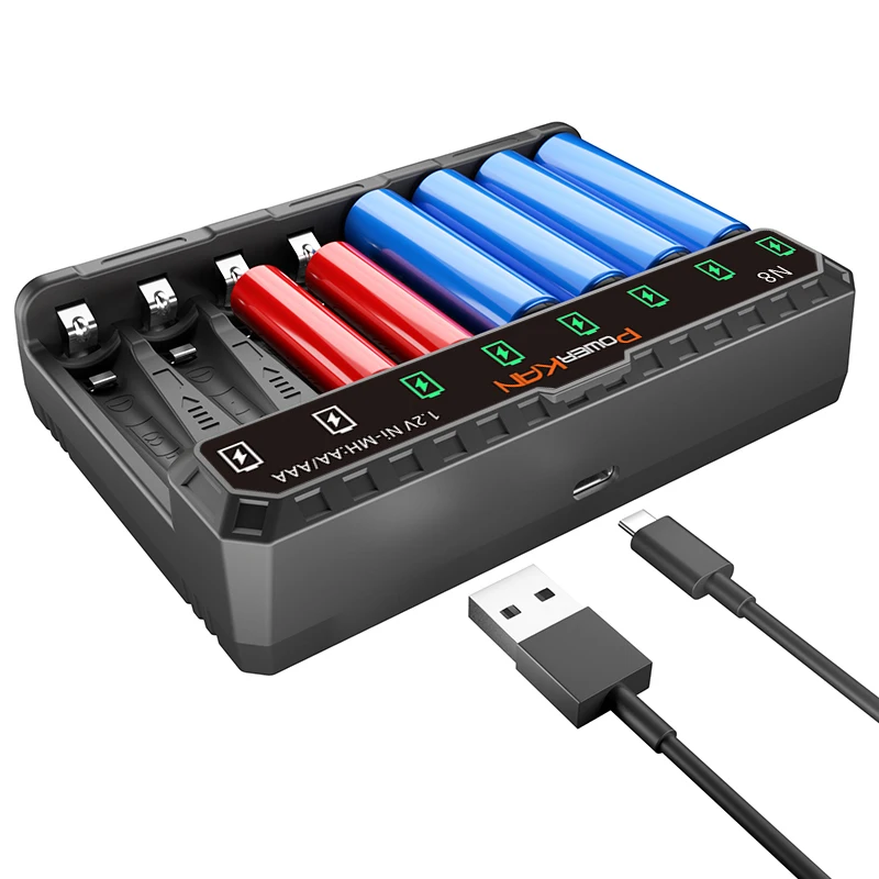 POWERKAN N8 Battery Charger LED can be independently used for 8 1.2V Ni-MH/Cd AA AAA rechargeable batteries USB 5V 2A Type-C