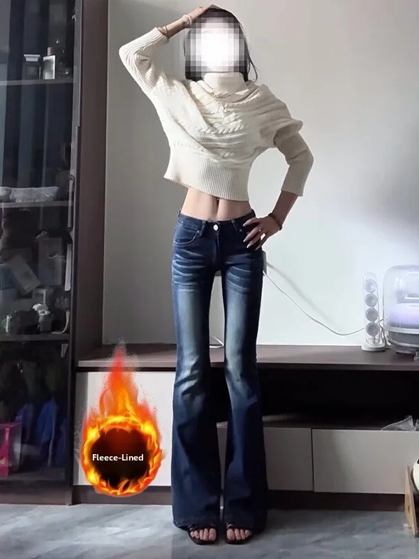 Thiened Fce 여성용 부츠컷 청바지 겨울 슬리밍 따뜻한 로우 웨이스트 빈티지 슬레 벨 보트 팬츠 여성 패션