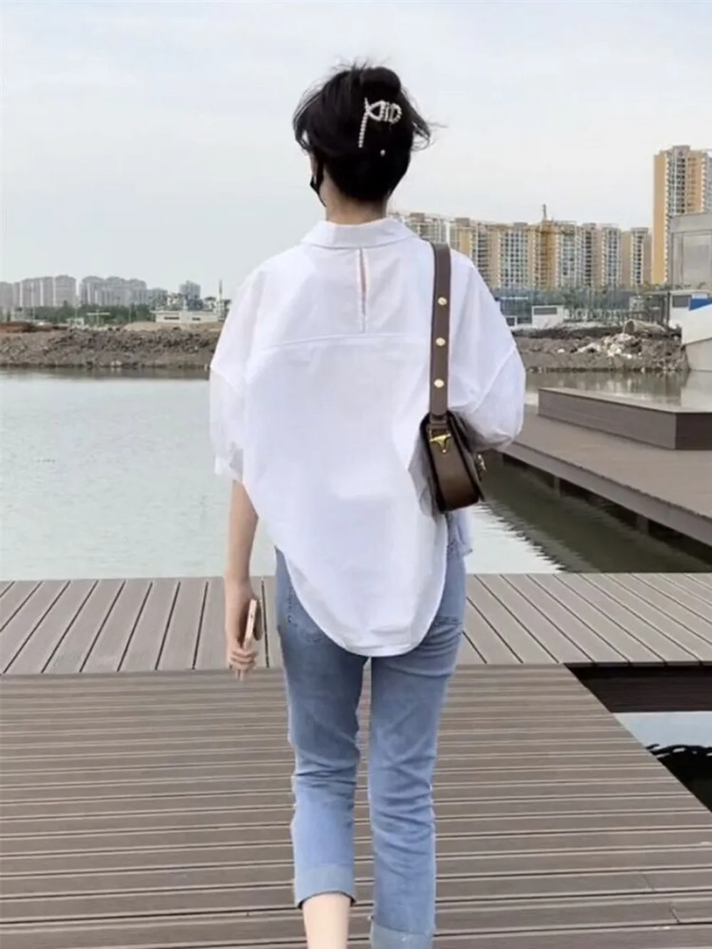 Coreano algodão meados de manga fina blusas femininas 2025 novo verão solto moda irregular camisa casual férias topo roupas femininas