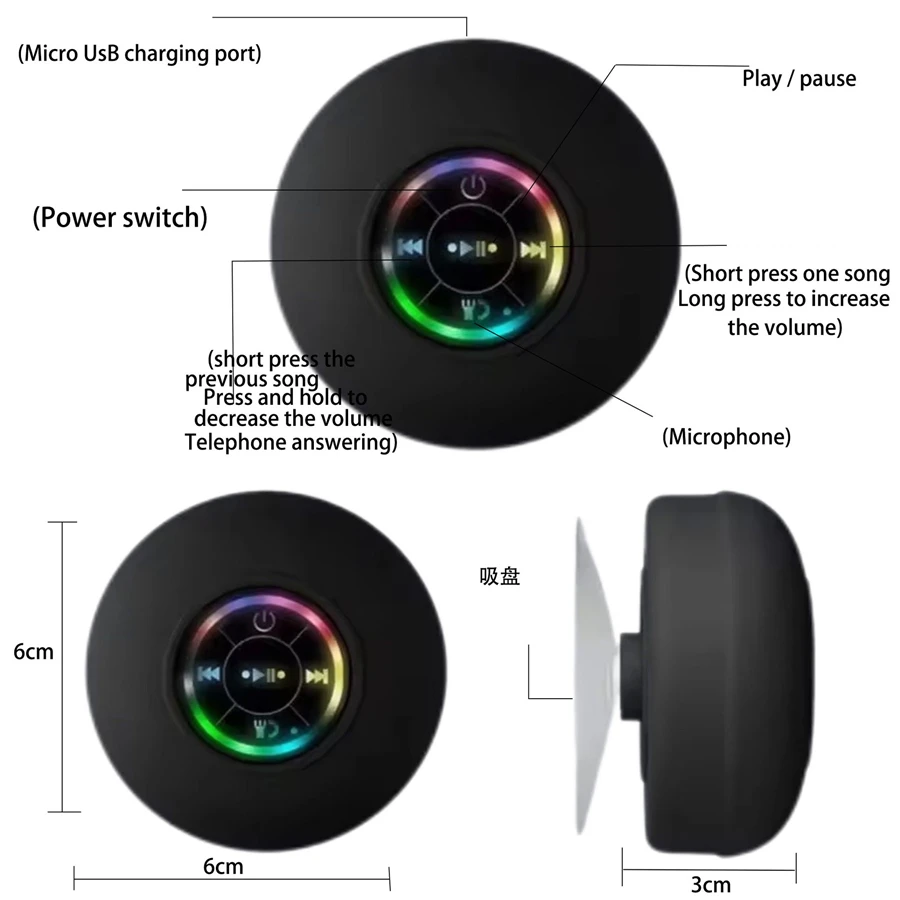 Led IPX4 Waterproof Wireless Bluetooth Speaker Mini Portable Loudspeaker Outdoor Bathroom Large Suction Cup Stereo Sound Speaker