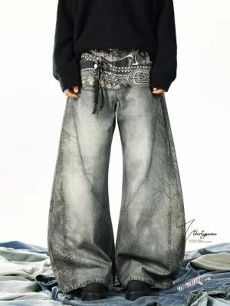 النمط الأمريكي الرجال منحني سكين Y2K حزام البنطال الجينز الطباعة التباين اللون غسل واسعة الساق خمر الهيب هوب الذكور سراويل جينز #6