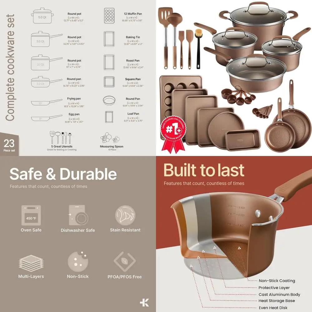 

23-Piece Nonstick Cookware Set with Plaid, Stackable, Dishwasher Safe, Oven and Stove Compatible, Tempered Glass Lid, Golden
