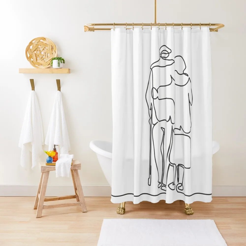 

One Line Art Old Couple Line Drawing Shower Curtain Shower Bathroom Washable Waterproof Fabric Shower Cover Cute Curtain