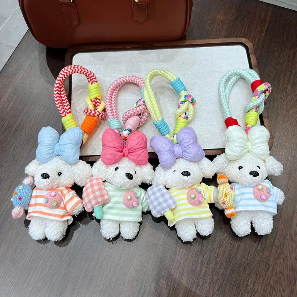 

Cute Cartoon Cartoon Dopamine Dog Keychain Stuffed Fluffy Bow Bag Charm Lovely Striped Top Plush Puppy Pendant Hanging Ornaments