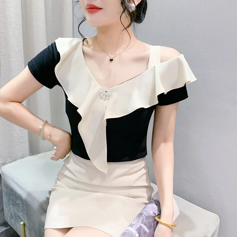 

Black Summer Korean Style T-Shirt Chic Sexy Hollow Out Rose Drill Button Patchwork Women Tops Short Sleeve Tees 2024 New 47801