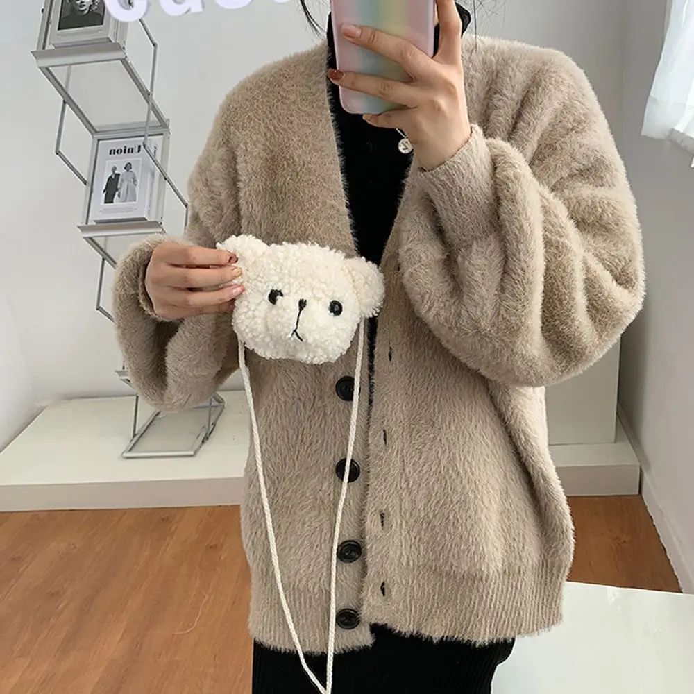 Messenger Bag Zipper Backpack Cartoons Animals Diagonal Women Bag Plush Purses Smile Bear Plush Bag Plush Bear Shoulder Bag