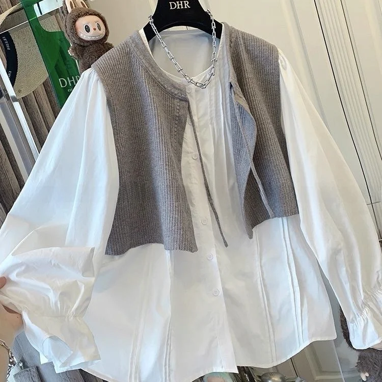 

Комплект из двух предметов: вязаный жилет и рубашка с длинным рукавом больших размеров, весна-осень 2025, новый корейский стиль, универсальный топ