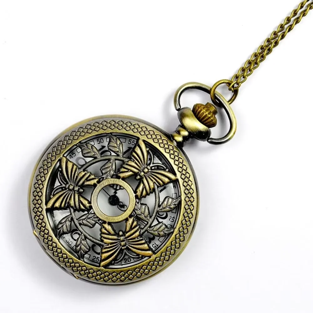 

Trend restoring ancient ways three butterfly hollow out white face classic quartz pocket watch with necklace