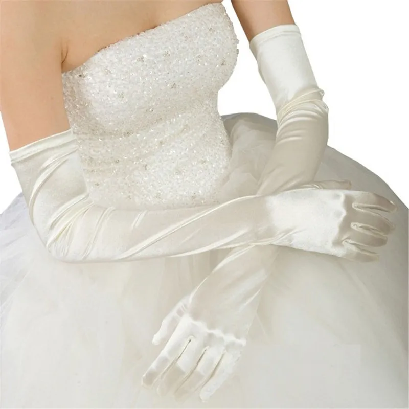 1 Pair Women's Evening Party Formal Gloves Solid Color Satin Long Finger Mittens forEvents Activities Red White Color