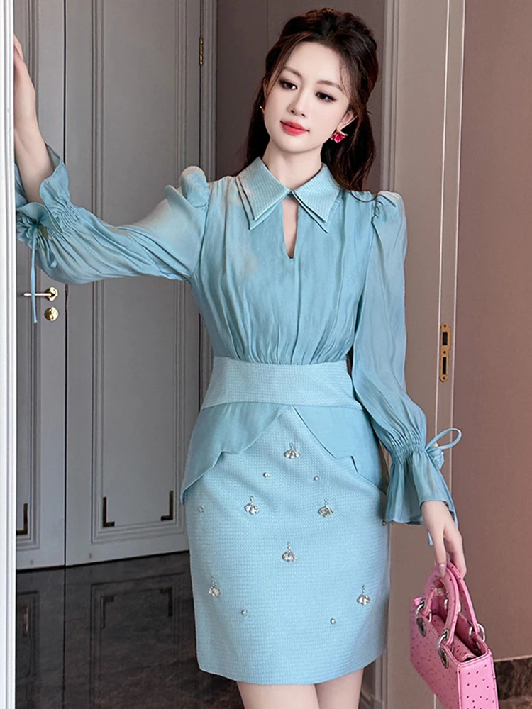 Women's French Style Blue Dress Female Cute Lovely Diamonds Hollow Cut Long Sleeve Short Gown Femme Party Banquet Vestidos  Lady