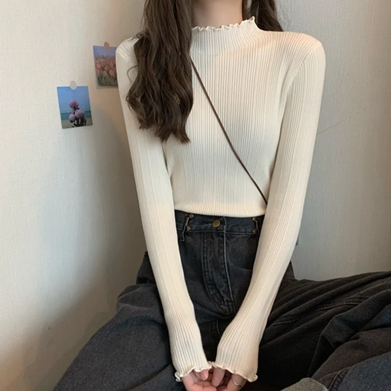 

Slimming Knitted Base irt Women's f High Collar Long Sve Korean Sle Commute Pure Color Fat MM Large Size Inner Wear