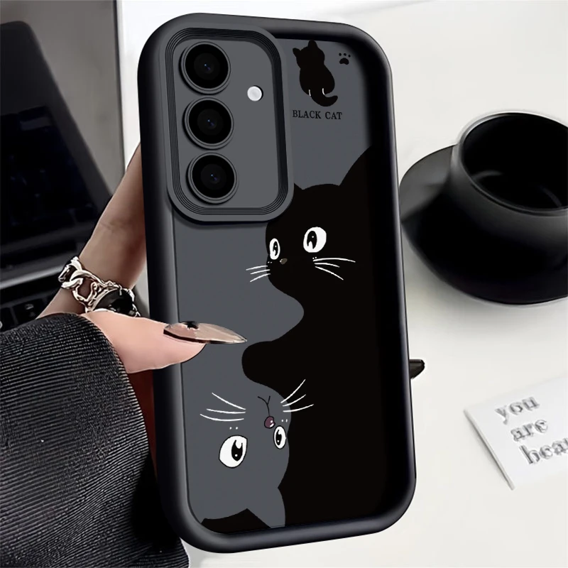 Full Screen Twin Black Cat Phone Case For Samsung S24 S23 S22 Ultra Plus S21 A55 A54 A53 A52 A25 A15 A14 5G Silicone Soft Cover