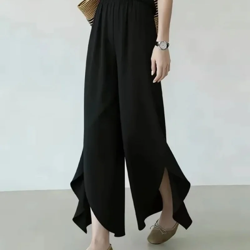 Black Wide Leg Pants with Asymmetrical Hem Loose Fit Elastic Waist Summer Casual Bottoms for Women