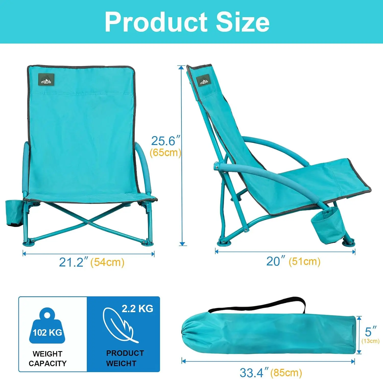 2 Pack Low Folding Beach Chair,Portable Lightweight Lowback Sling, Outdoor Seat Camping w/Cup Holder & Carry Bag for Sand Lawn