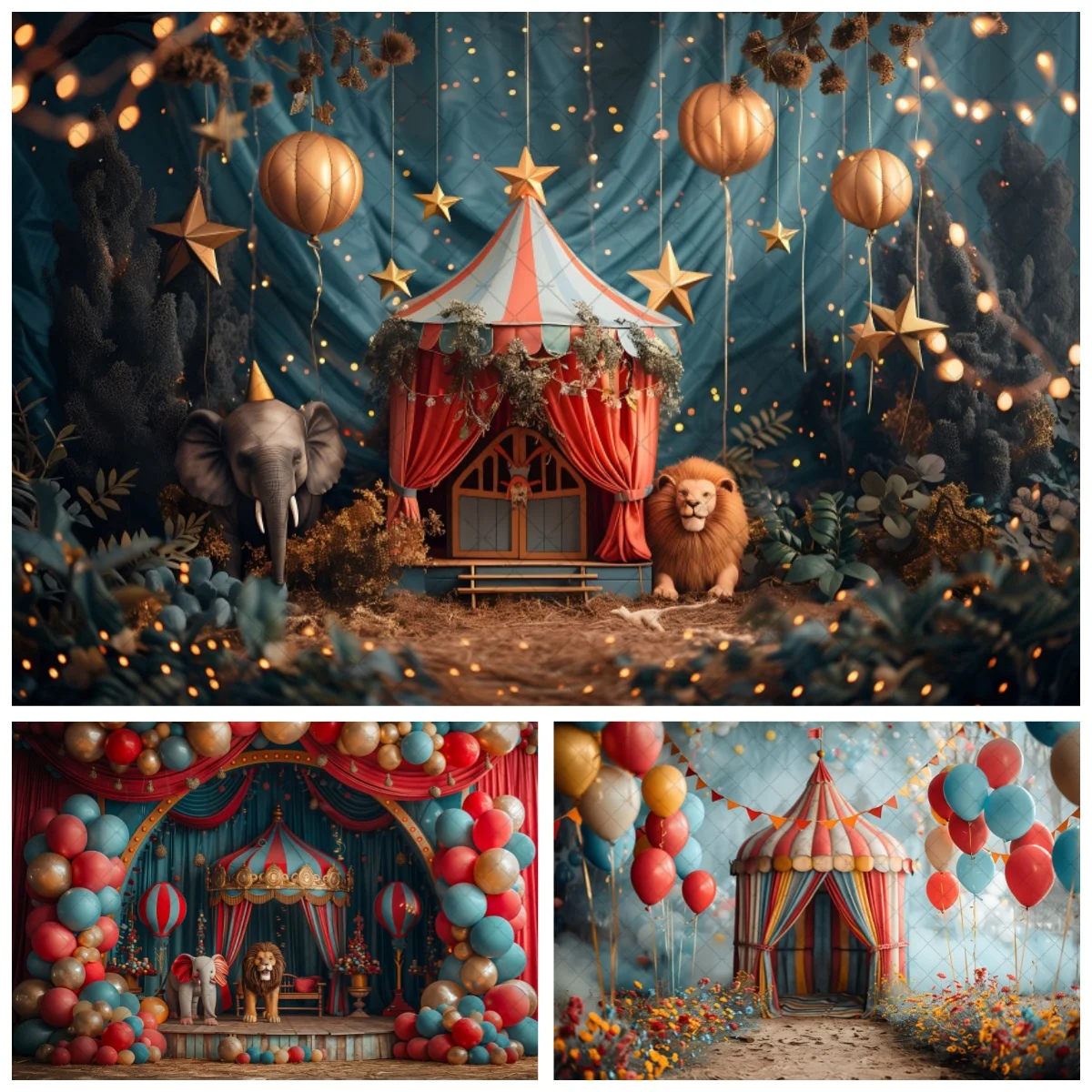 Circus Photography Background Carnival Ferris Animals Elephant Tight Lights Red Tent Baby Shower 1st Birthday Balloons Backdrop