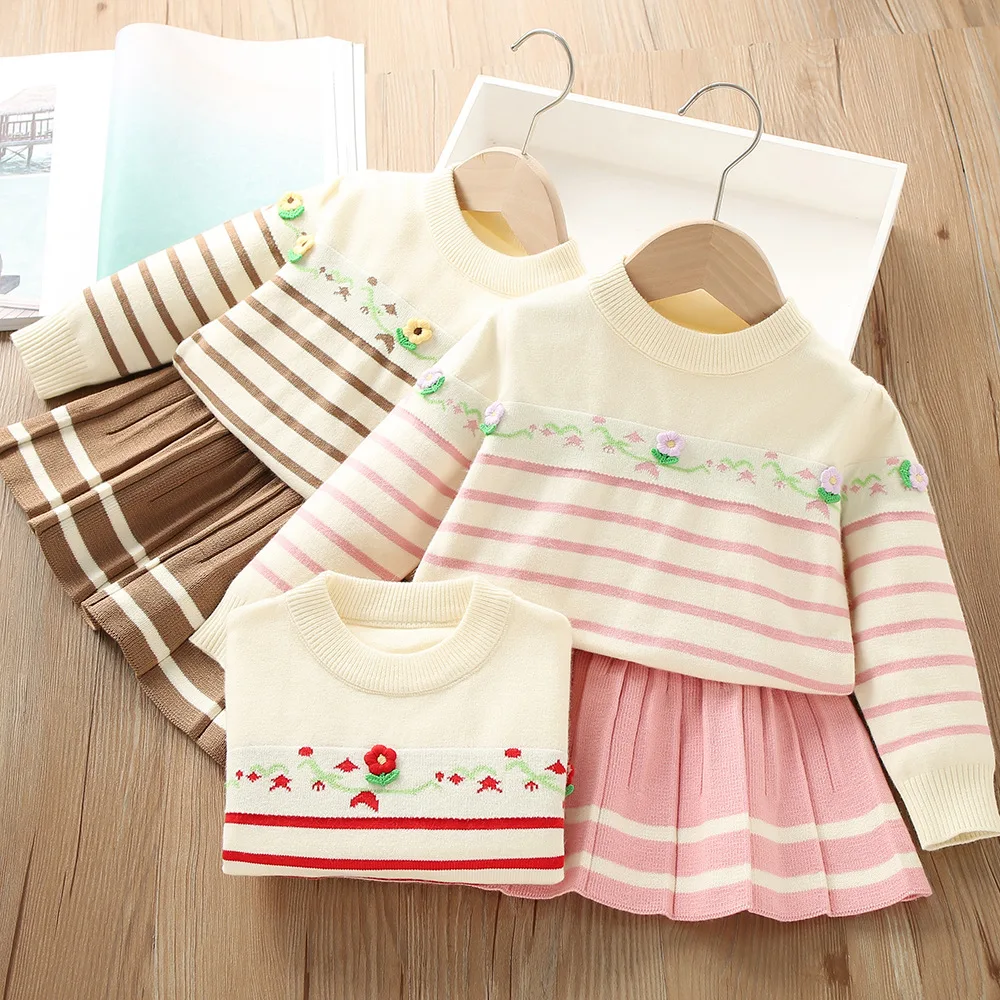 

Girls Knitted Clothes Sets Spring Autumn Children Woolen Jersey Sweaters Tops Skirts 2pcs Party Dress Suit For Baby Outfits Kids