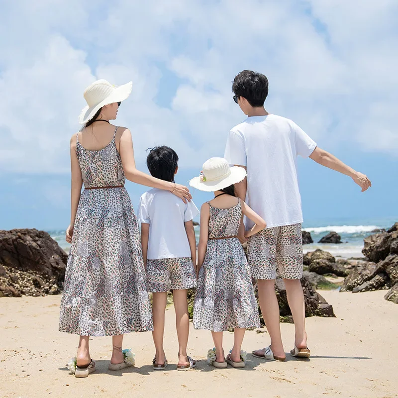 Vacation Couple Look Family Matching Clothes Mom Daughter Resort Dress Holiday Beach Dad Son Cotton T Shirt Shorts Set 2 Pieces