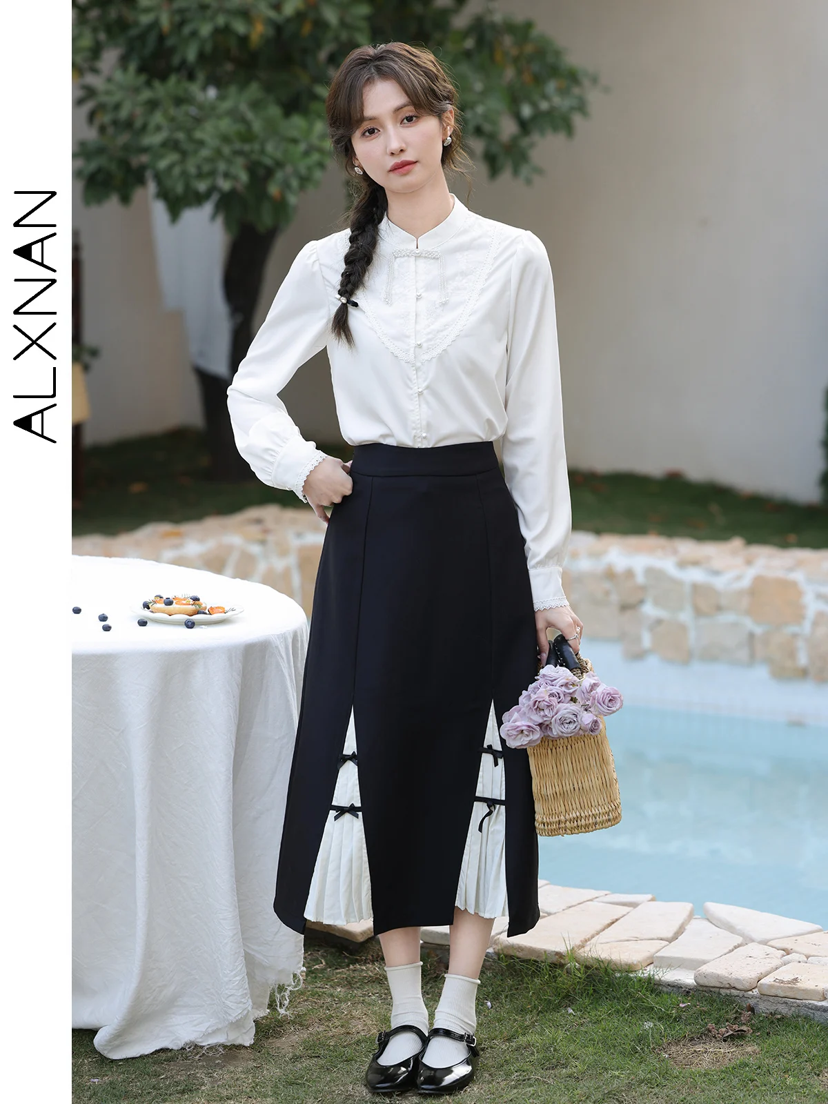 ALXNAN Patchwork Skirts for Women 2024 Spring New Midi Black Elegant A-line Temperament Commuting Skirt Female Clothing L33893