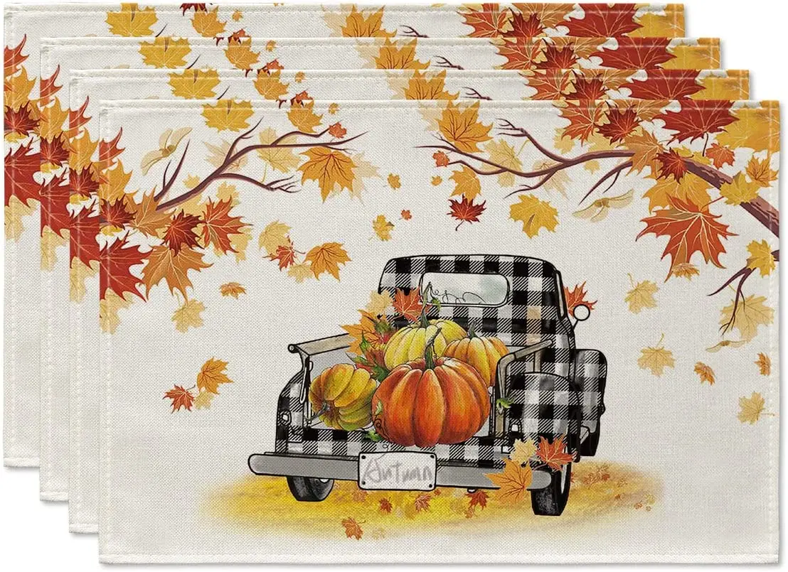 

Maple Leaves Pumpkins Buffalo Plaid Truck Placemats Set of 4 12x18 Inch Fall Autumn Thanksgiving Harvest Table Mats