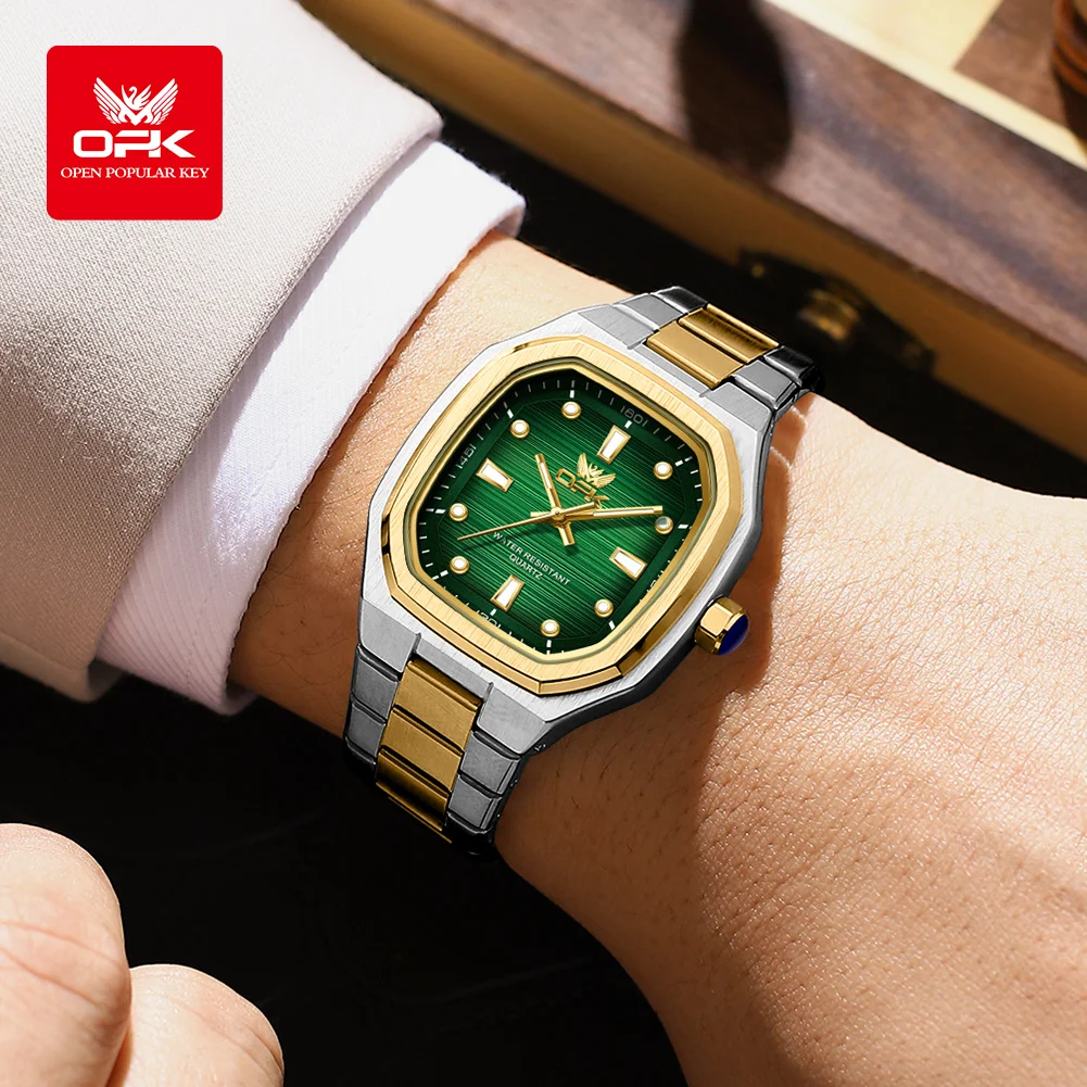 OPK 6044 ساعات رجالية أصلية من الفولاذ المقاوم للصدأ مقاومة للماء ساعة رجالية جديدة بمينا مربع ساعة كوارتز مضيئة للرجال