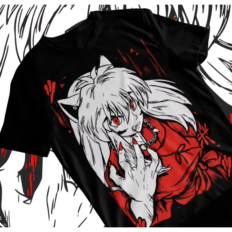 

Trend Summer 2025 Cosplay Neutral Black and White Inuyasha Sesshomaru T-shirt Red Moon Inu Yasha Kawaii Anime Soft Tee