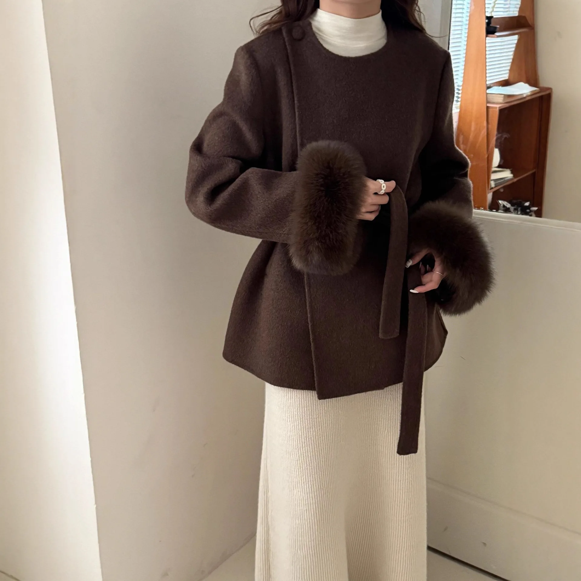 UMI MAO Mid-Length Double-Sided Wool Coat Detachable Fox Fur Sleeves Autumn Winter Woolen Coat Women Female Overcoat