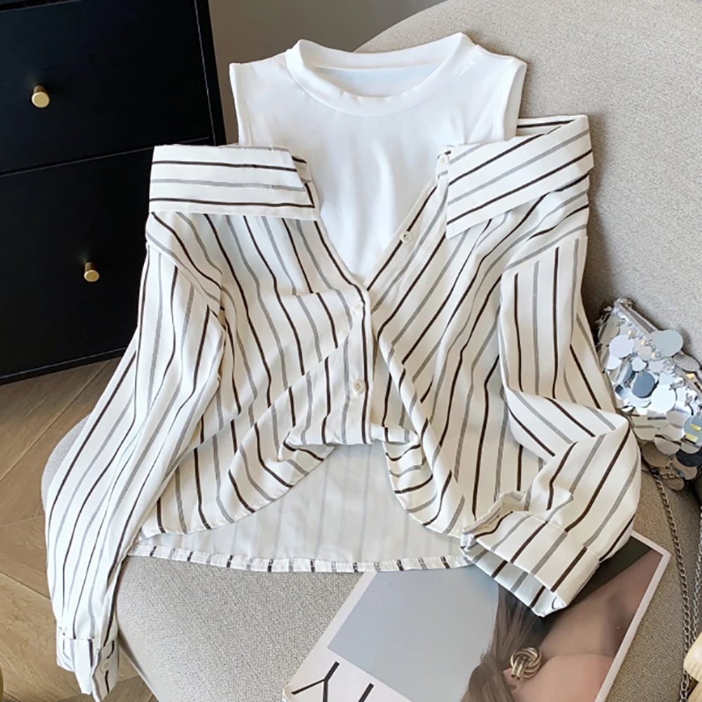 

Женские топы из двух предметов с открытыми плечами, осень 202, корейские повседневные рубашки в полоску с круглым вырезом в стиле пэчворк, шикарный дизайн, пуловер, футболка