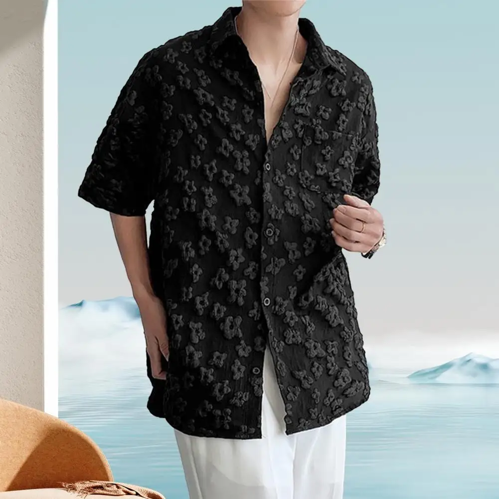 Camisa Retro con estampado de flores en relieve para hombre, camisa de nicho con cuello vuelto, solapa clásica de alta calidad