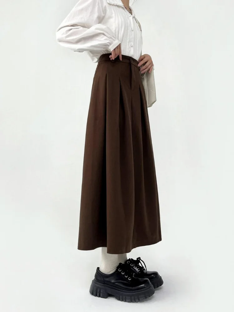 DEEPTOWN Long Pleated Skirt Women Black Vintage High Waist A-line Korean Style Midi School Skirt Autumn Casual Fashion Female