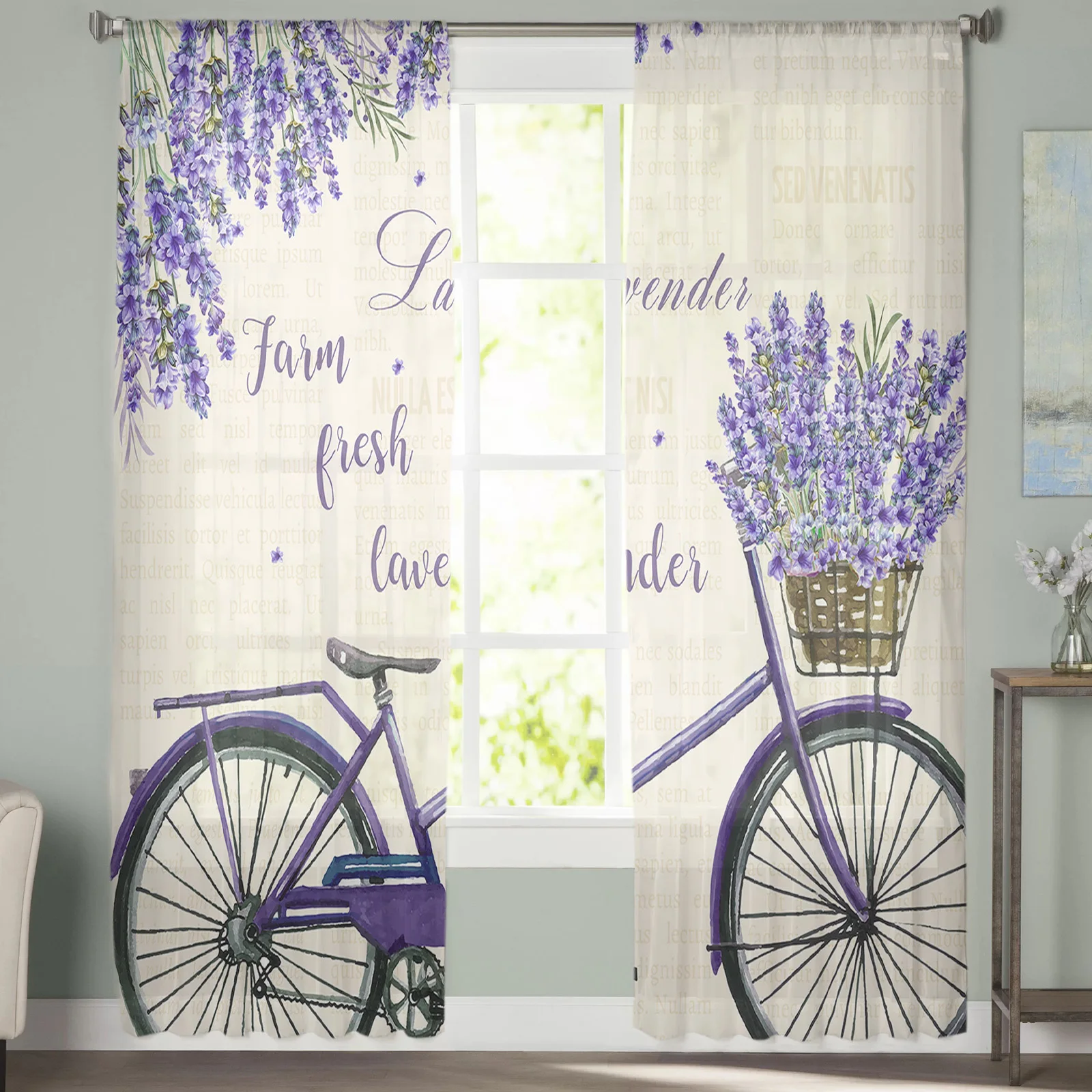 Farm Purple Fresh Flower Lavender Bicycle Tulle Sheer Window Curtains for Living Room Bedroom Tulle Voile Curtains Decoration