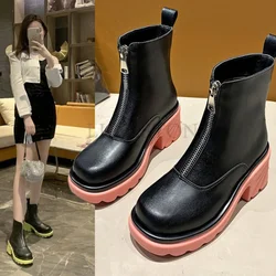 Women's Boots Autumn New  Medium Tube Thick Heel Avocado Green Chelsea   Sleeve Smoke