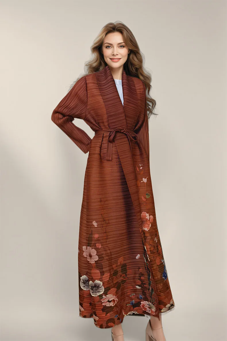 Muslim Long Robe Women's Long Skirt Dubai Plus Size Outer Robe High-end Ethnic Clothing Printed Lace Up Jacket 2025 New Style