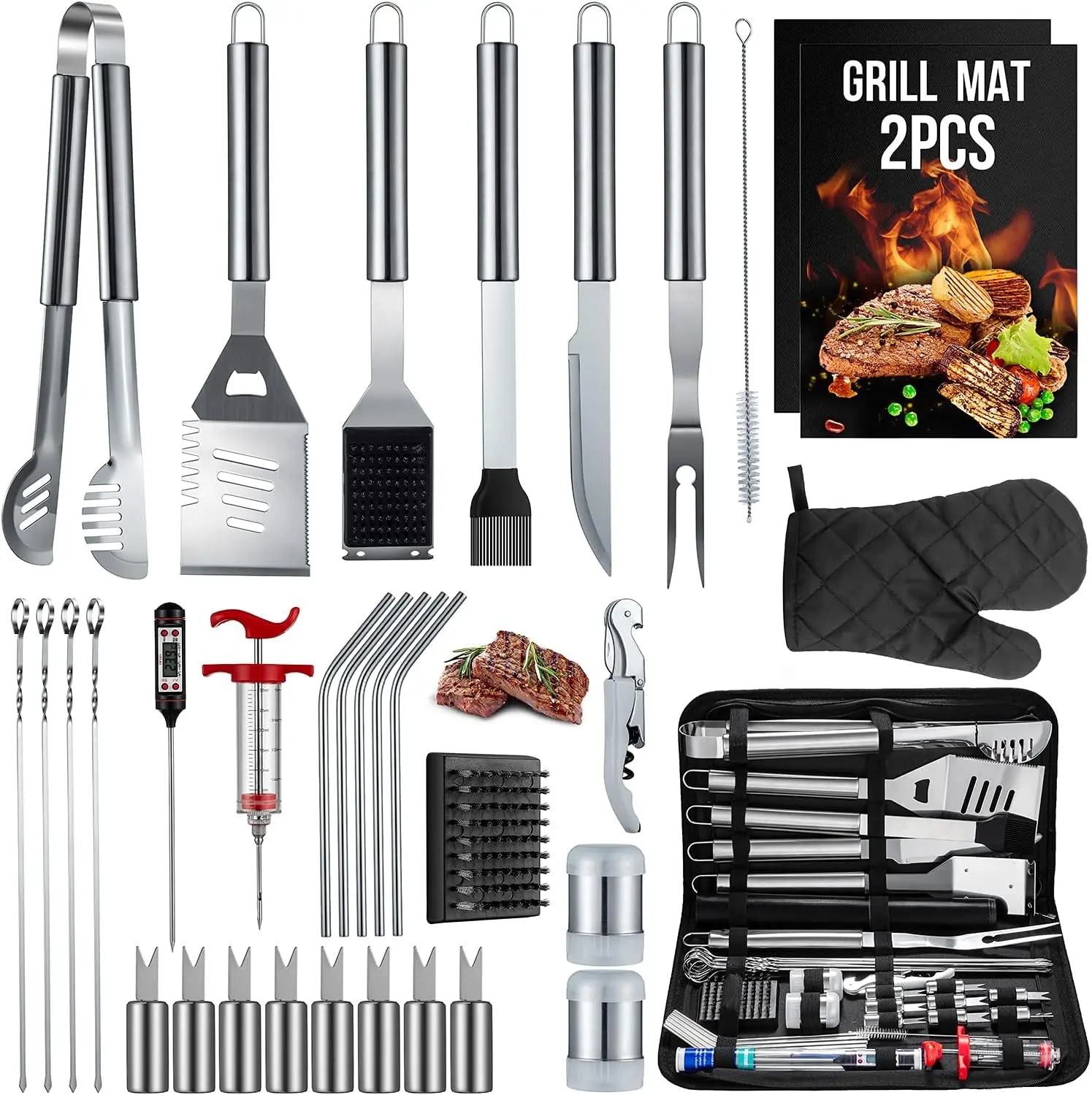 

34PCS BBQ Grill Tools Set Grilling Accessories with Spatula, Tongs, Skewers for Barbecue, Camping, Kitchen, Complete