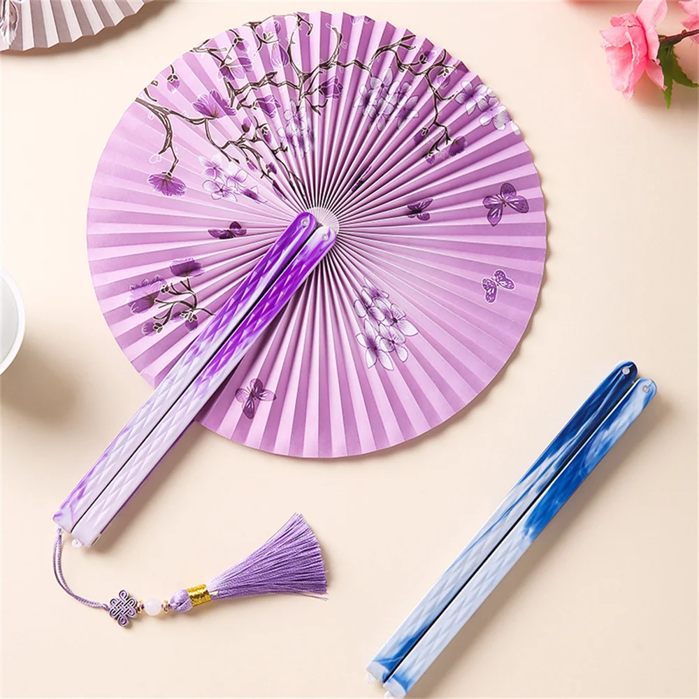 Chinese Ancient Style Round Paper Folding Fans Dance Foldable Hand Held Fan For Wedding Party Decor Gift Printed