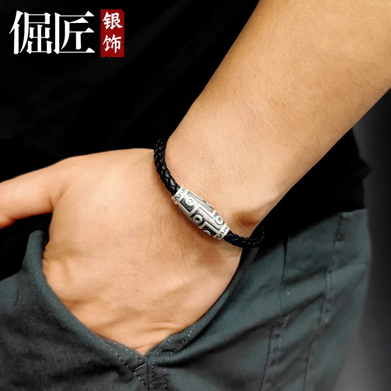 Pure Silver Leather Bracelet Men's Black Leather Rope Leather Ring BraceletDIYSilver Bead Retro Domineering Personality Gift Bra