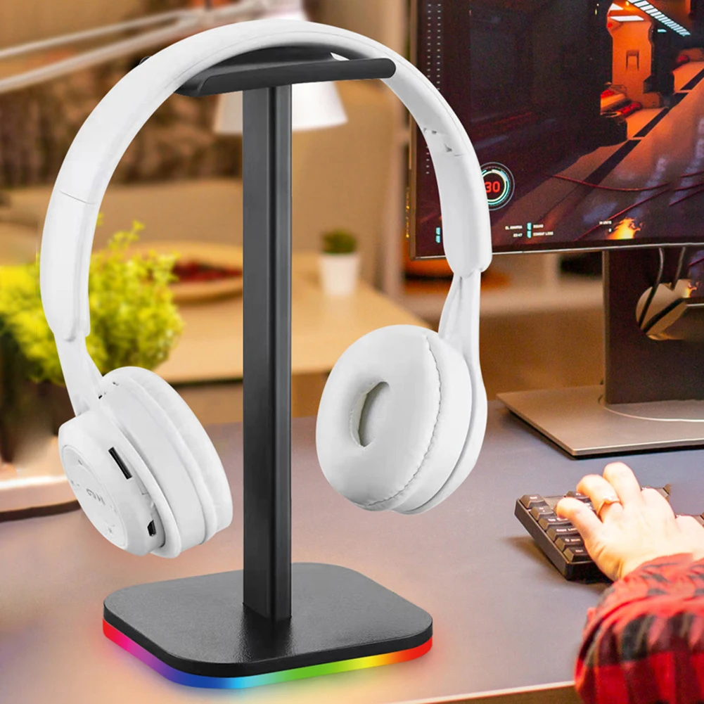 Suporte para auscultadores RGB Desk Headphone Suporte para jogos Gancho para fone de ouvido Base LED Luz de captação USB Suporte para fone de ouvido