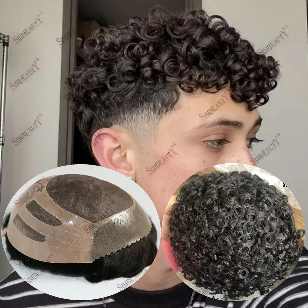 

18mm Curly Bond Mens Toupee 100% Human Hair Breathable Fine Mono Lace Net Durable System Prosthesis Male Natural Hairline Wigs