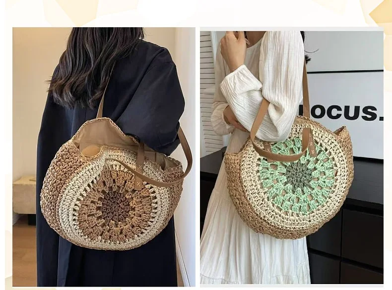 Handgewebte Sommer-Rundstrohtasche im Bohemian-Stil für Damen – Lässige Strand- und Urlaubstasche aus umweltfreundlicher Faserkunst – Detail 5