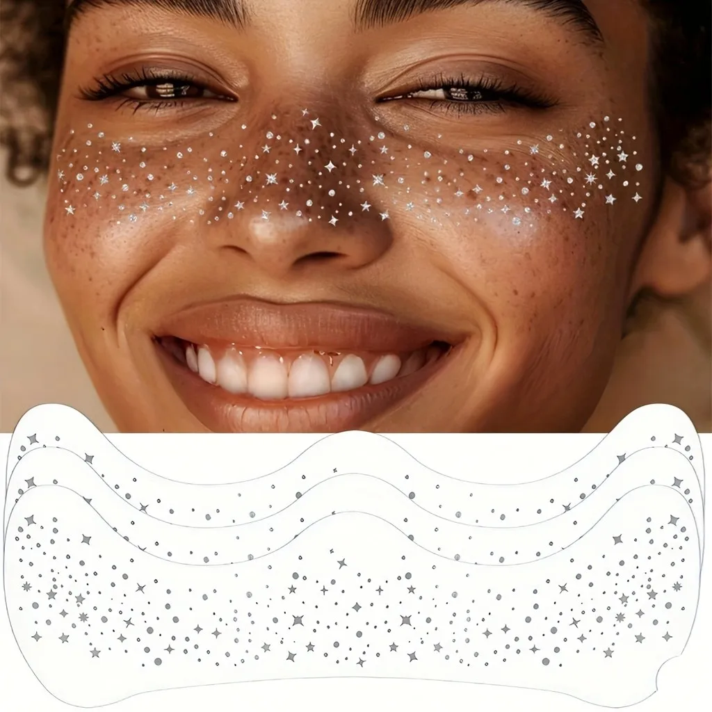 3 Sheets Glitter Freckles Face Tattoo Metallic Tattoos Temporary For Women Rose Gold Flash Tattoos Glow Up Mask Cosmetic Glitter